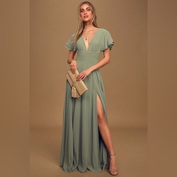 SOLD NWT Lulus Promise Of Love Sage Brush Flutter Sleeve Maxi Dress Size 2X - Picture 10 of 16